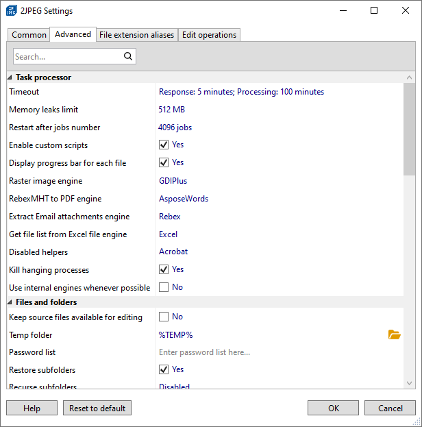 2JPEG Settings - default settings 